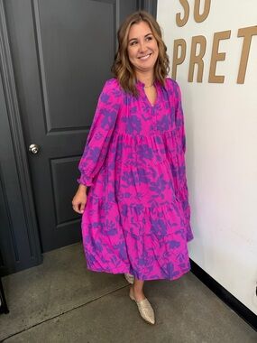 Umgee Hot Pink & Purple Floral Tiered Midi Dress